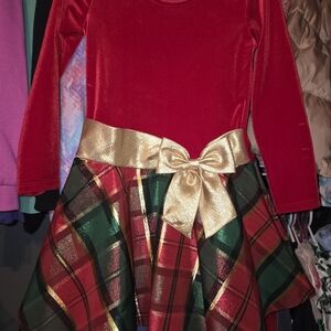 Festive Red and Gold Dress with Plaid Skirt